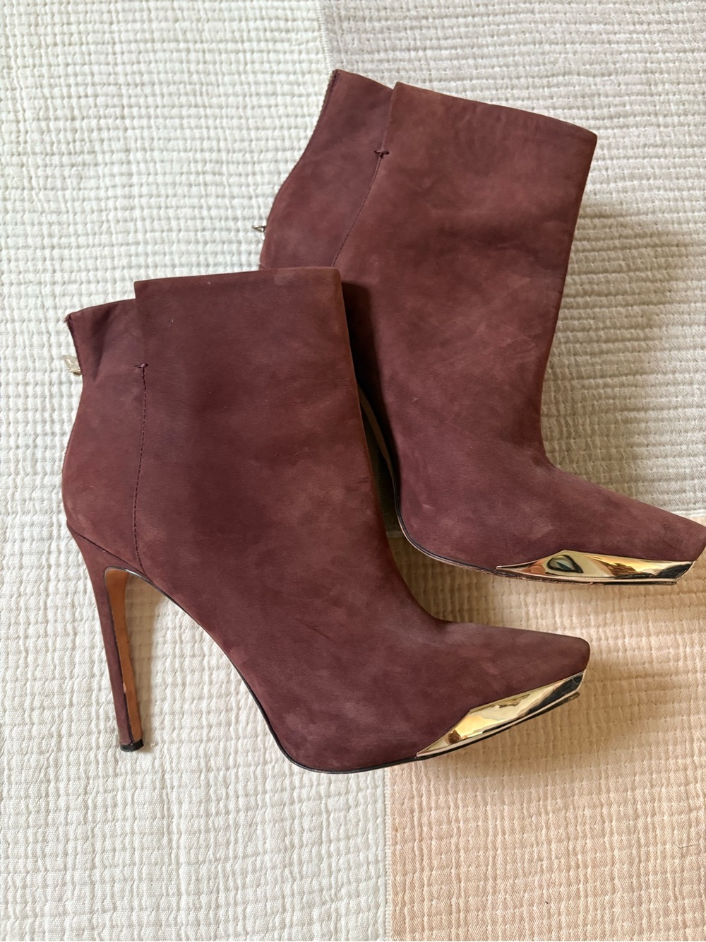 RACHEL Rachel Roy Burgundy Suede Pointed Toe Ankle Booties with Gold Toe Cap